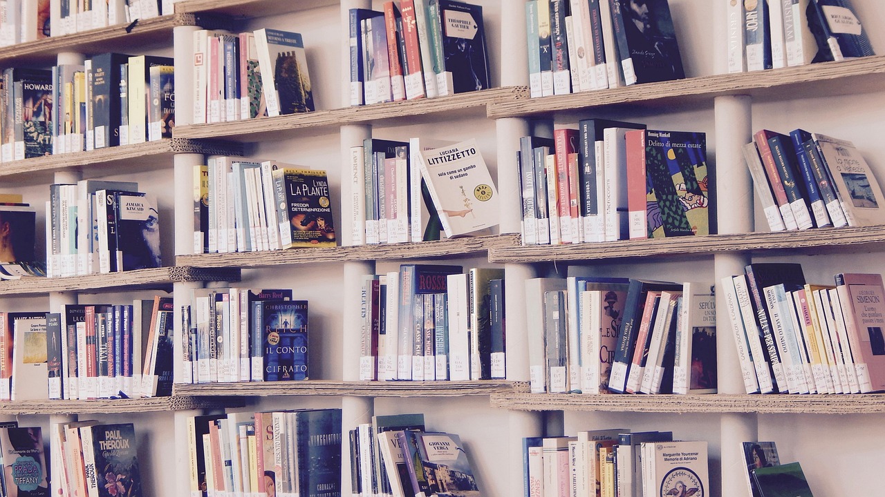 Library wall of book spines in soft light
