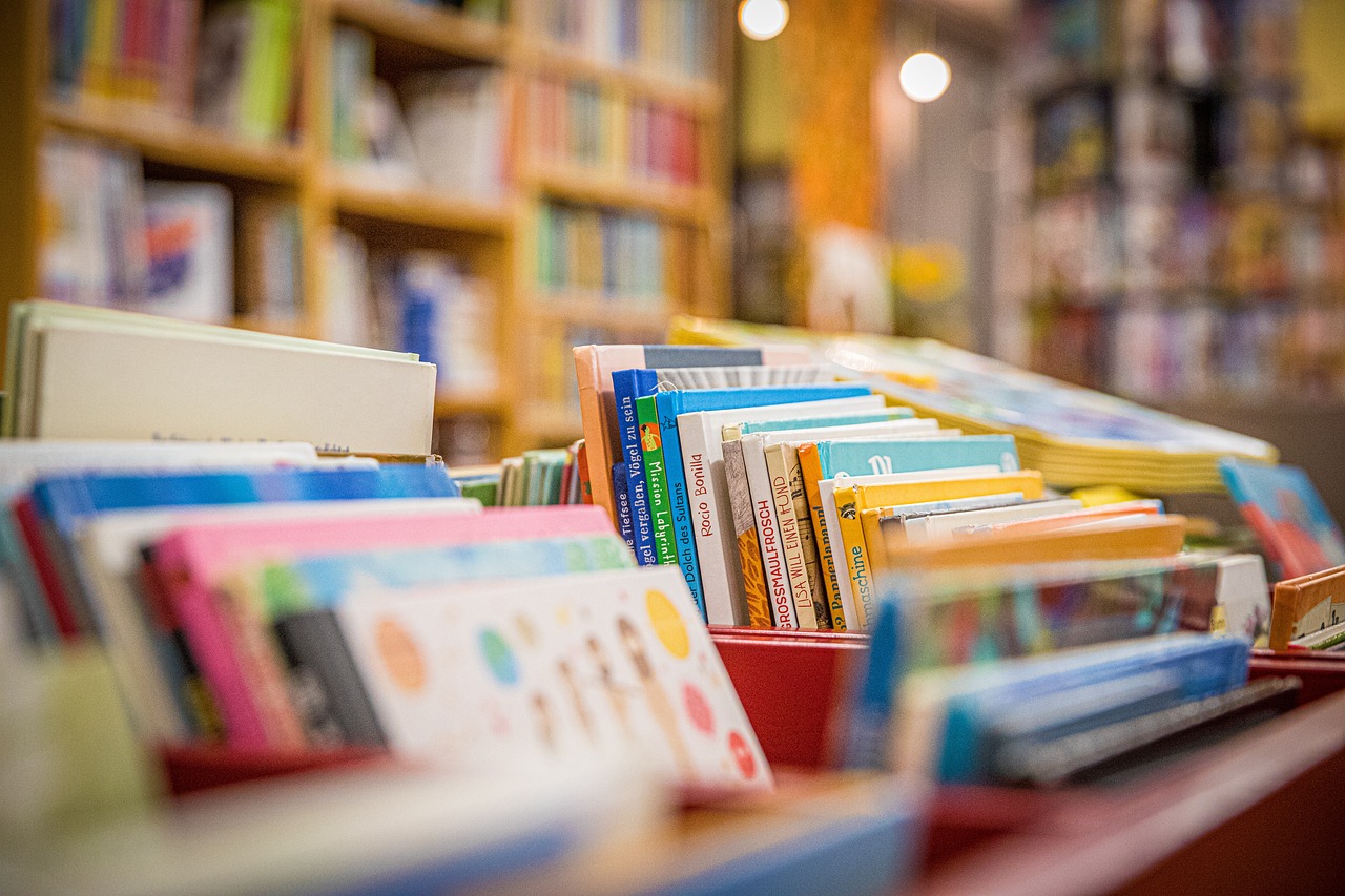 Bookshop interior with tall wooden shelves